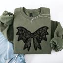 Small Military Green Lace Bow Halloween Goth Faux Lace Ribbon Coquette Ornate Embroidered Detail Sweatshirt