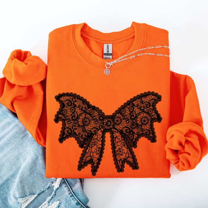 Lace Bow Halloween Goth Faux Lace Ribbon Coquette Ornate Embroidered Detail Sweatshirt