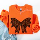 Medium Orange Lace Bow Halloween Goth Faux Lace Ribbon Coquette Ornate Embroidered Detail Sweatshirt