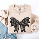 XL Sand Lace Bow Halloween Goth Faux Lace Ribbon Coquette Ornate Embroidered Detail Sweatshirt