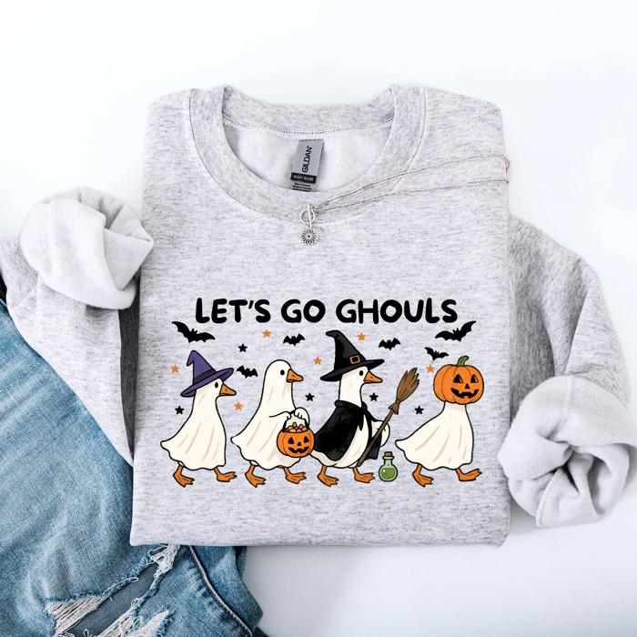 Let's Go Ghouls Geese Goose Halloween Witch Theme Spooky Seasonal Graphic Sweatshirt