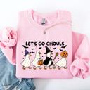 Medium Light Pink Let's Go Ghouls Geese Goose Halloween Witch Theme Spooky Seasonal Graphic Sweatshirt