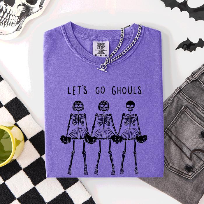 Let's Go Ghouls Skeleton Cheerleaders Spooky Halloween Edition Classic Comfort Colors Tee