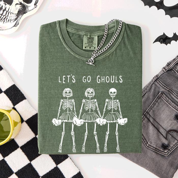 Let's Go Ghouls Skeleton Cheerleaders Spooky Halloween Edition Classic Comfort Colors Tee