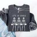 Small Dark Gray Heather Let's Go Ghouls Skeleton Cheerleaders Halloween Night Parade Spooky Spirit Sweatshirt