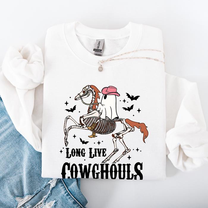 Long Live Cowghouls Skeleton Ghost Horse Halloween Western Inspired Graphic Sweatshirt
