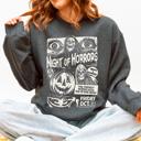Medium Dark Gray Heather Night Of Horrors Halloween Spooky Witch Scary Ghosts Black Cat Haunting Illustration Sweatshirt