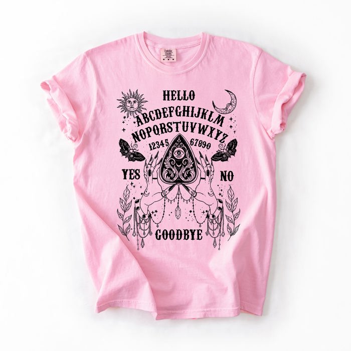 Ouija Board Spooky Tarot Halloween Witch Moonlight Seance Mystic Symbols Night Sky Hauntings Comfort Colors Tee