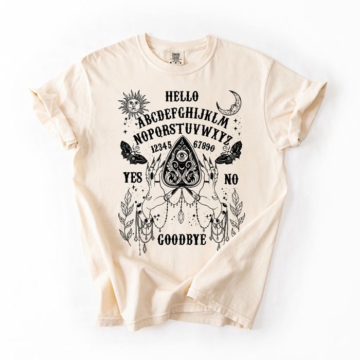 Ouija Board Spooky Tarot Halloween Witch Moonlight Seance Mystic Symbols Night Sky Hauntings Comfort Colors Tee