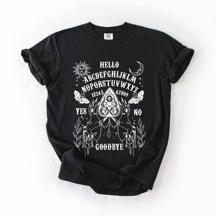 Ouija Board Spooky Tarot Halloween Witch Moonlight Seance Mystic Symbols Night Sky Hauntings Comfort Colors Tee