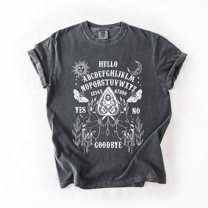 Ouija Board Spooky Tarot Halloween Witch Moonlight Seance Mystic Symbols Night Sky Hauntings Comfort Colors Tee
