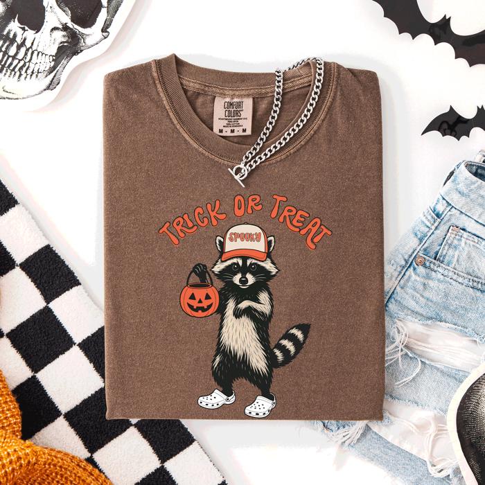 Raccoon Trick Or Treat Halloween Spooky Nighttime Illustration Artwork Comfort Colors Tee