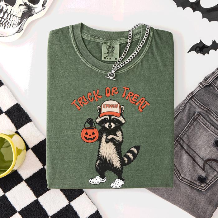 Raccoon Trick Or Treat Halloween Spooky Nighttime Illustration Artwork Comfort Colors Tee