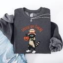 XXL Dark Gray Heather Raccoon Trick Or Treat Halloween Spooky Cozy Nighttime Autumn Theme Seasonal Fun Sweatshirt