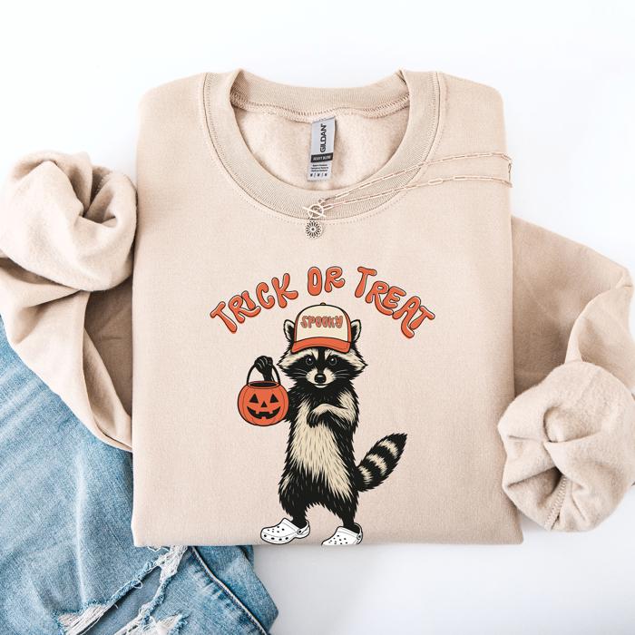 Raccoon Trick Or Treat Halloween Spooky Cozy Nighttime Autumn Theme Seasonal Fun Sweatshirt
