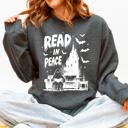 Small Dark Gray Heather Read In Peace Ghost Haunted Halloween Spooky Bookish Library Booktok Graphic Sweatshirt