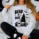 Small Ash Light Gray Read In Peace Ghost Haunted Halloween Spooky Bookish Library Booktok Graphic Sweatshirt