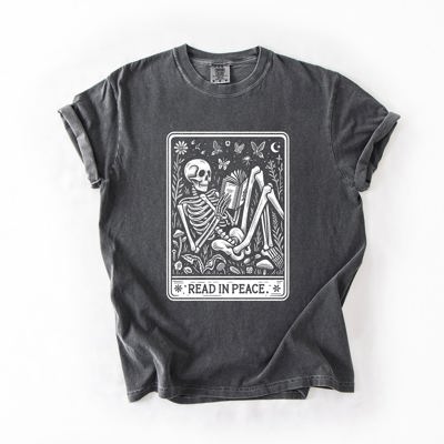 Read In Peace Halloween Skeleton Tarot Books Library Spooky Edition Comfort Colors Tee