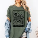 Small Moss Dark Green Read In Peace Halloween Skeleton Tarot Books Library Spooky Edition Comfort Colors Tee