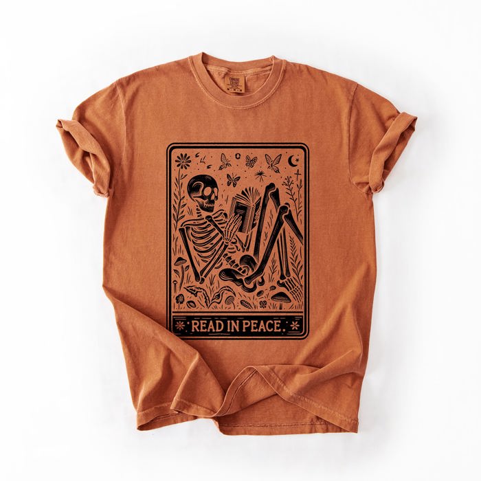 Read In Peace Halloween Skeleton Tarot Books Library Spooky Edition Comfort Colors Tee