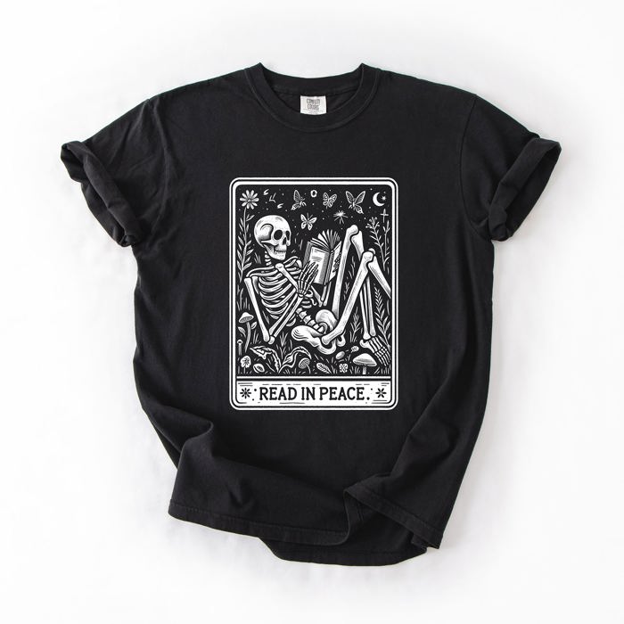 Read In Peace Halloween Skeleton Tarot Books Library Spooky Edition Comfort Colors Tee
