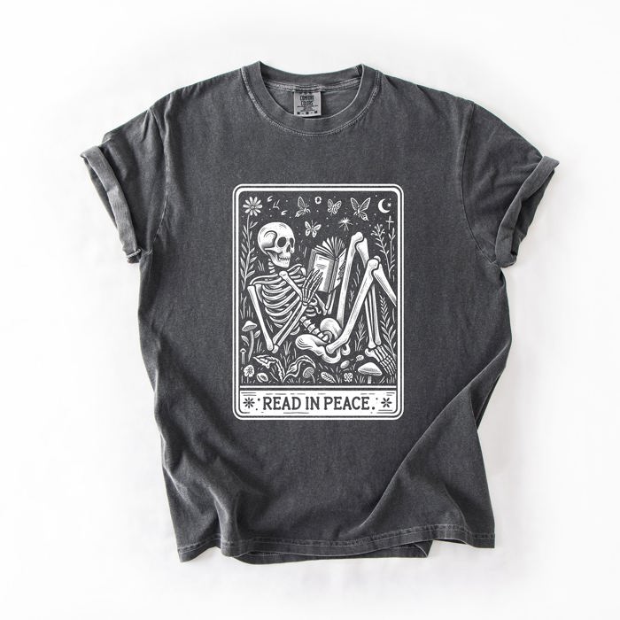 Read In Peace Halloween Skeleton Tarot Books Library Spooky Edition Comfort Colors Tee
