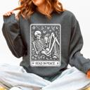Small Dark Gray Heather Read In Peace Halloween Skeleton Tarot Books Library Collection Graphic Sweatshirt