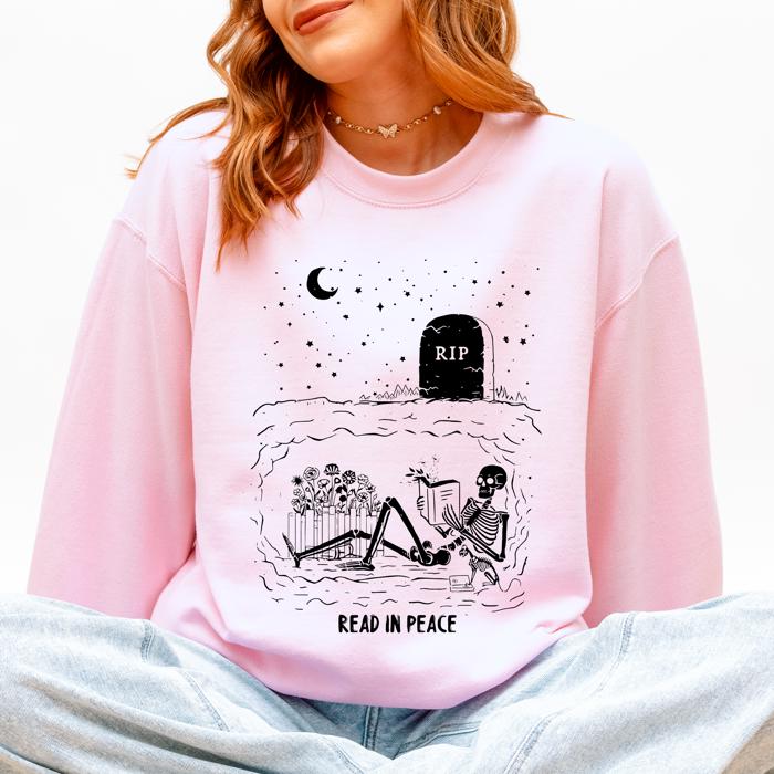 Read In Peace Skeleton RIP Halloween Booktok Bookish Library Novel Lover Graphic Sweatshirt