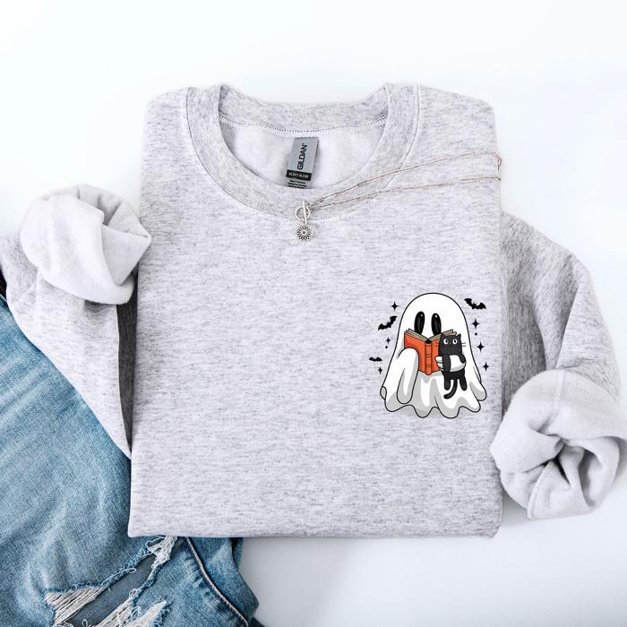 Reading Ghost Cat Funny Halloween Book Library Spooky Cozy Night Pocket Sweatshirt