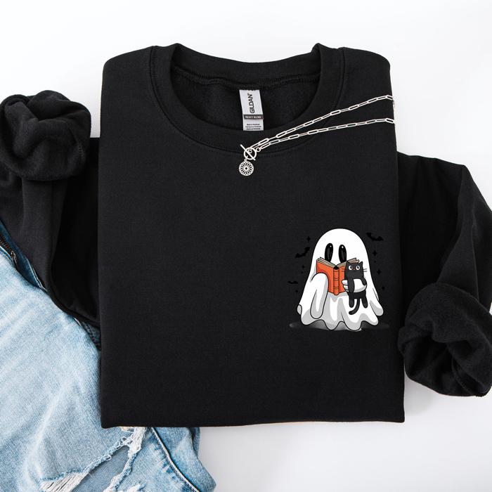 Reading Ghost Cat Funny Halloween Book Library Spooky Cozy Night Pocket Sweatshirt