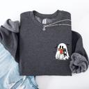 Small Dark Gray Heather Reading Ghost Cat Funny Halloween Book Library Spooky Cozy Night Pocket Sweatshirt