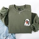 XXXL Military Green Reading Ghost Cat Funny Halloween Book Library Spooky Cozy Night Pocket Sweatshirt