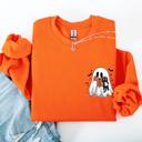 Large Orange Reading Ghost Cat Funny Halloween Book Library Spooky Cozy Night Pocket Sweatshirt