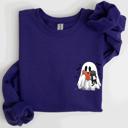 Small Purple Reading Ghost Cat Funny Halloween Book Library Spooky Cozy Night Pocket Sweatshirt