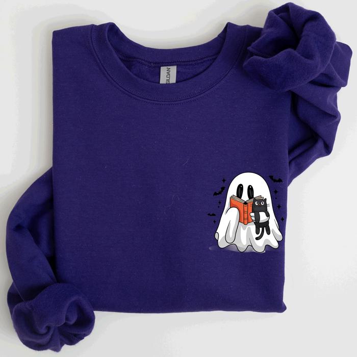Reading Ghost Cat Funny Halloween Book Library Spooky Cozy Night Pocket Sweatshirt