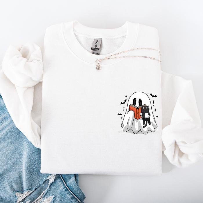 Reading Ghost Cat Funny Halloween Book Library Spooky Cozy Night Pocket Sweatshirt