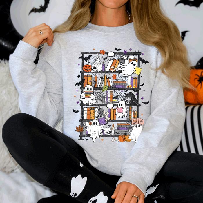 Reading Ghosts Bookish Library Spooky Halloween BookTok Cozy Seasonal Graphic Sweatshirt