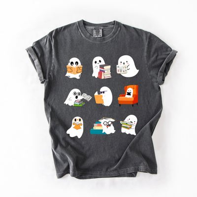 Reading Ghosts Halloween Library Books Scene Artwork Print Collection Comfort Colors Tee