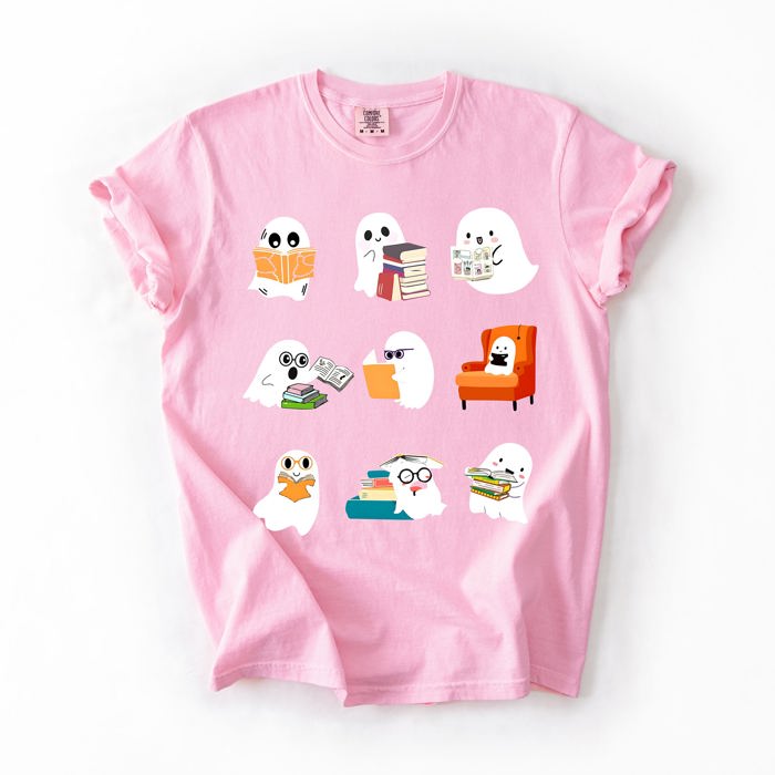Reading Ghosts Halloween Library Books Scene Artwork Print Collection Comfort Colors Tee