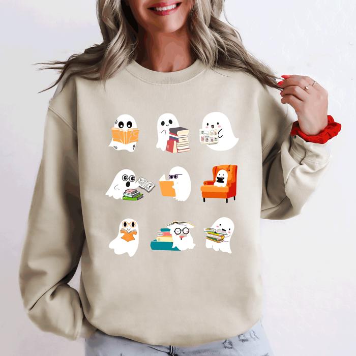 Reading Ghosts Halloween Library Books Cozy Night In Vintage Deluxe Graphic Sweatshirt