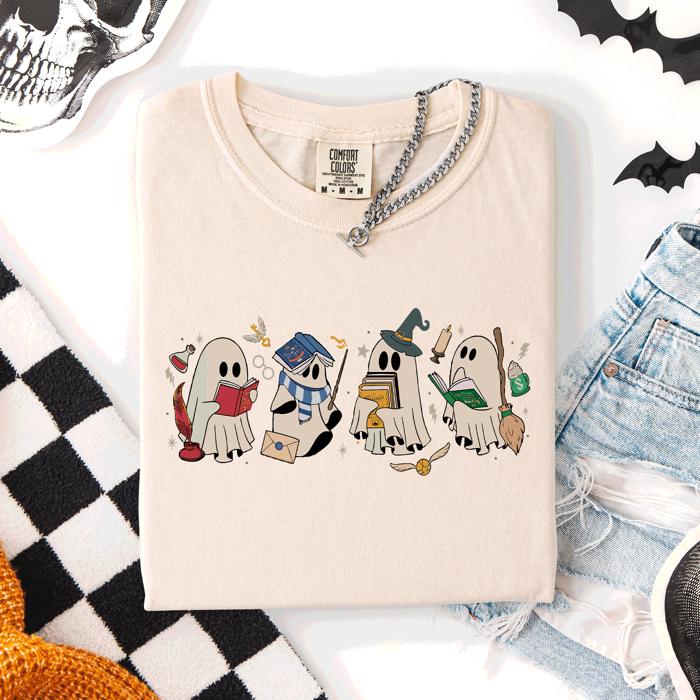 Reading Ghosts, Witches, Wizards Halloween Night Book Lovers Illustration Comfort Colors Tee