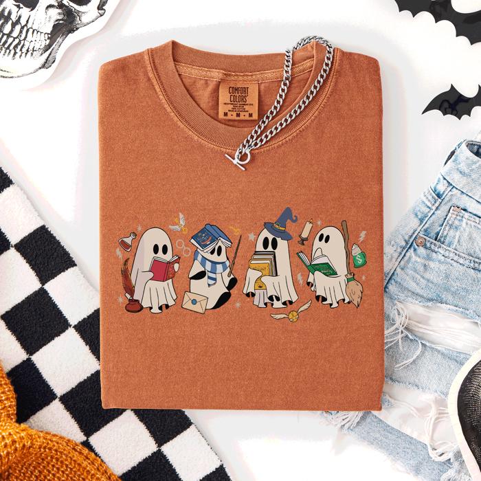 Reading Ghosts, Witches, Wizards Halloween Night Book Lovers Illustration Comfort Colors Tee