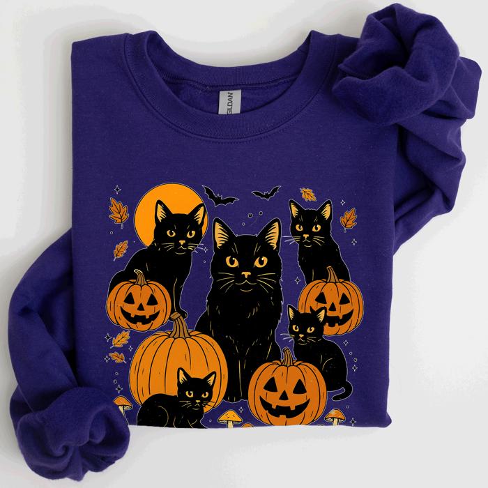 Retro Black Cats, Pumpkins, Halloween, Spooky Vintage Autumn Nightfall Celebration Edition Sweatshirt
