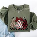 XXL Military Green Retro Halloween Ghosts Checkered Pattern Vintage Haunted Collectible Edition Sweatshirt