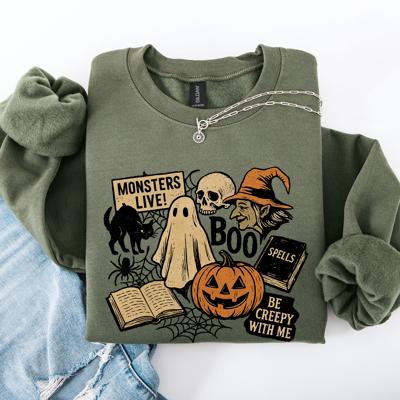 Retro Halloween Monsters Witch Creepy Vintage Nightfall Edition Classic Spooky Motifs And Nostalgic Sweatshirt