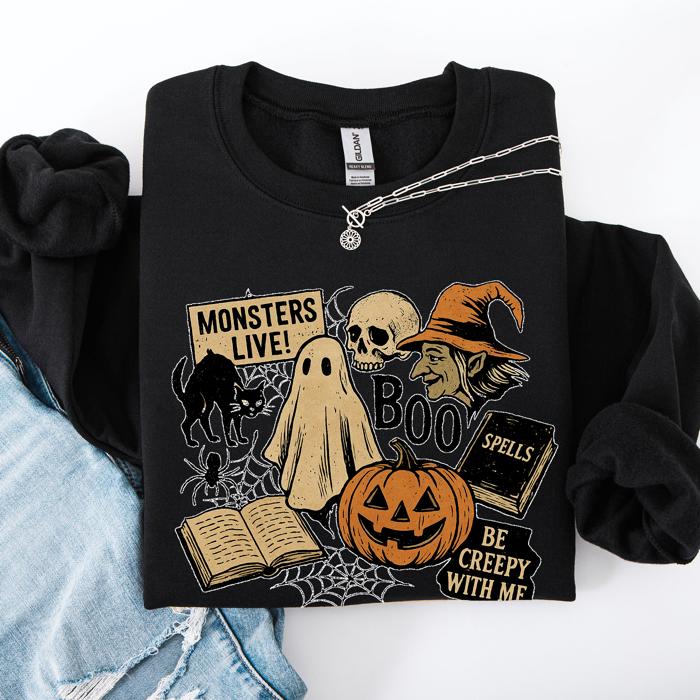 Retro Halloween Monsters Witch Creepy Vintage Nightfall Edition Classic Spooky Motifs And Nostalgic Sweatshirt