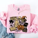 Large Light Pink Retro Halloween Monsters Witch Creepy Vintage Nightfall Edition Classic Spooky Motifs And Nostalgic Sweatshirt