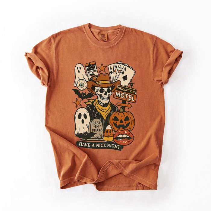 Retro Skeleton Motel Classic Vintage Halloween Night Edition Deluxe Collectible Comfort Colors Tee