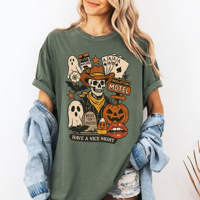 Retro Skeleton Motel Classic Vintage Halloween Night Edition Deluxe Collectible Comfort Colors Tee