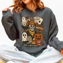 Small Dark Gray Heather Retro Skeleton Motel Vintage Halloween Nostalgia Graphic Design Collective Edition Sweatshirt